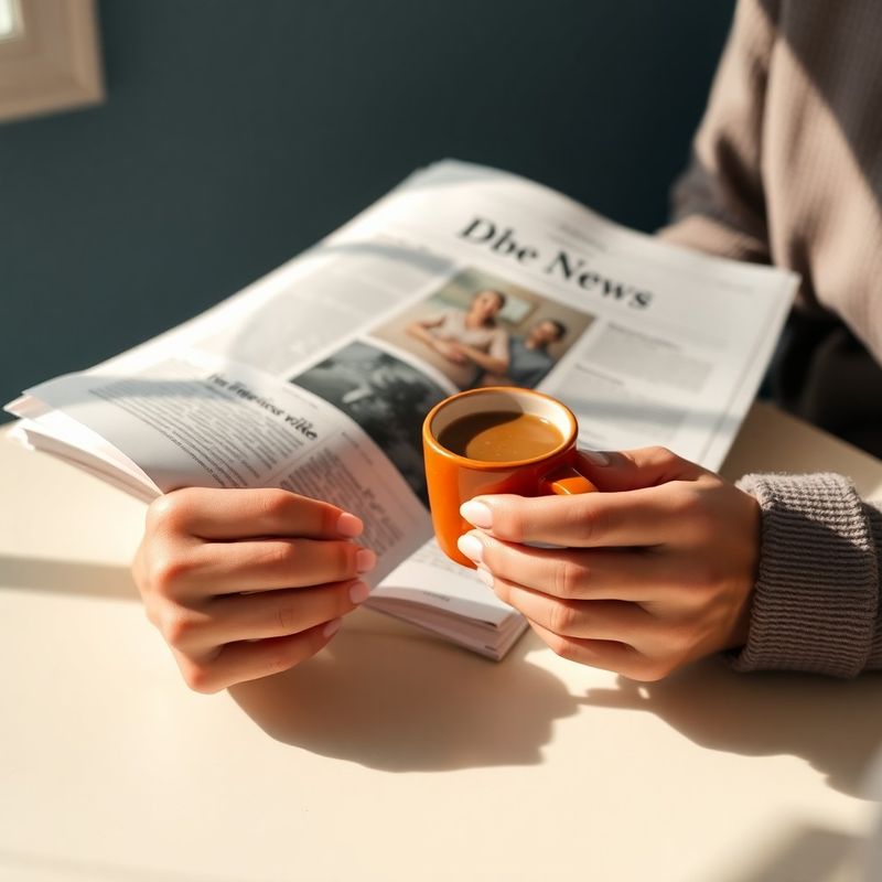 Ruke drže tiskane novine pored terakotne šalice s kavom u jutarnjem svjetlu